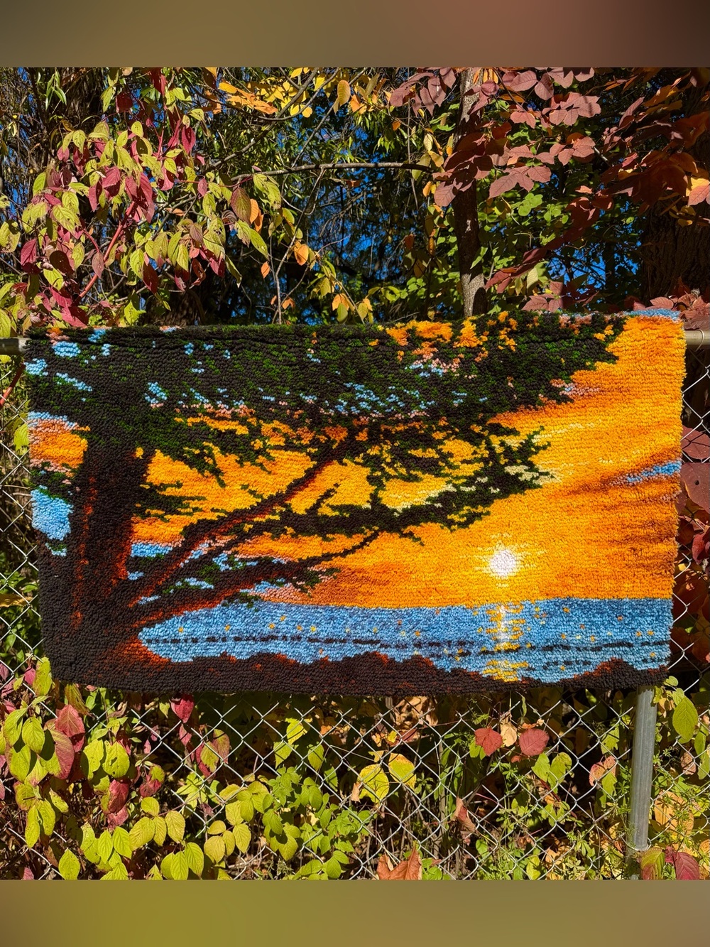 Vintage 70s Latch Hook Mid Century Wall Art Sunset Trees Shag Tapestry 49” x 29”